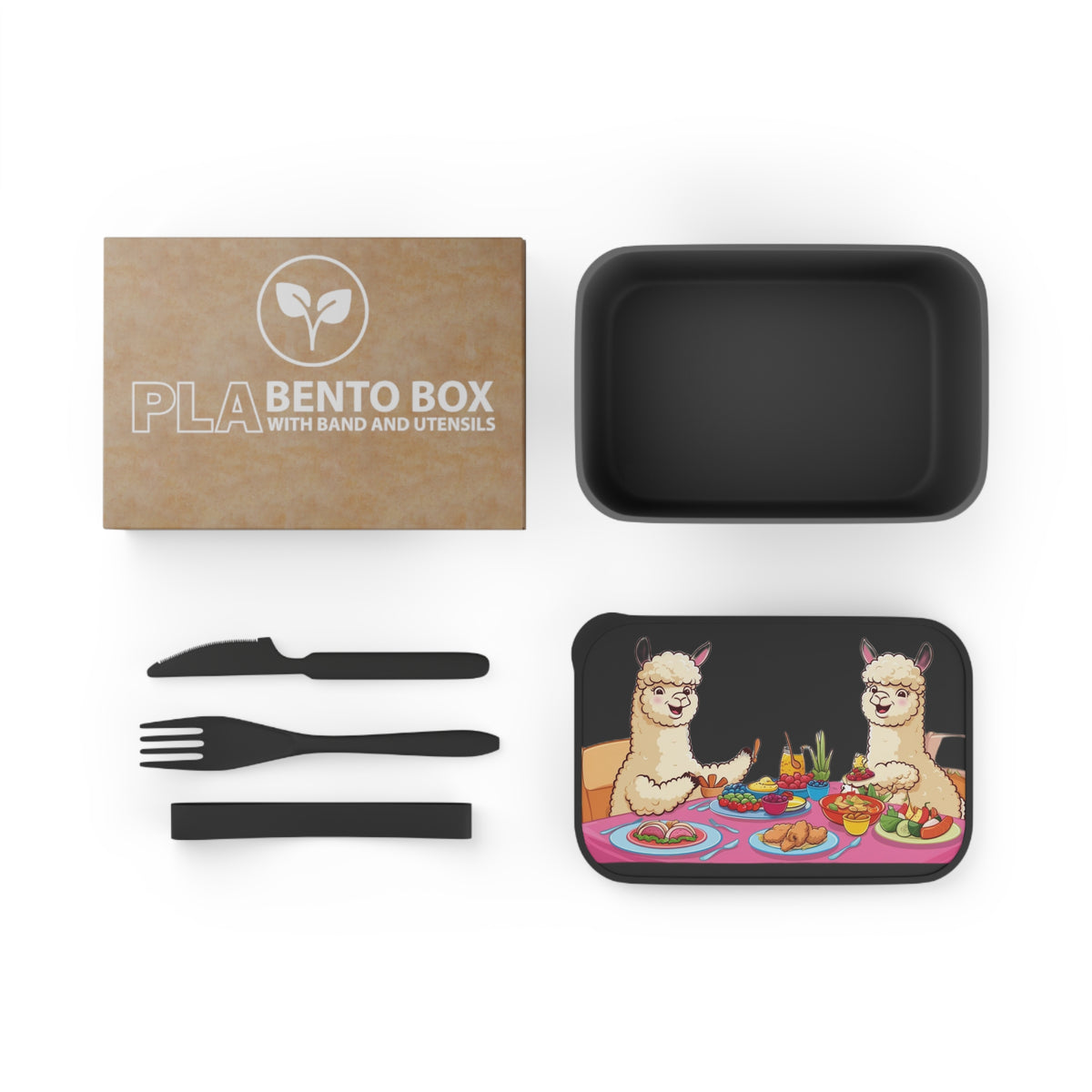 Let’s Eat Together — Black PLA Bento Box with Utensils