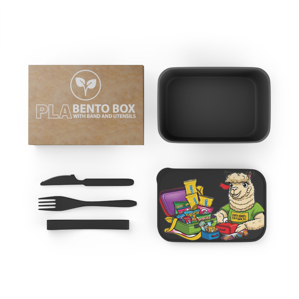 Early 2000s Snacks — Black PLA Bento Box with Utensils
